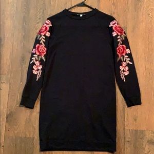 Black Sweater Dress with Embroidered Flowers